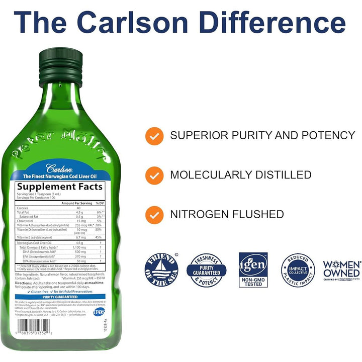Carlson Cod Liver Oil 1100 mg Omega-3s Wild-Caught Norwegian Arctic Cod Unflavored 16.9 Fl Oz