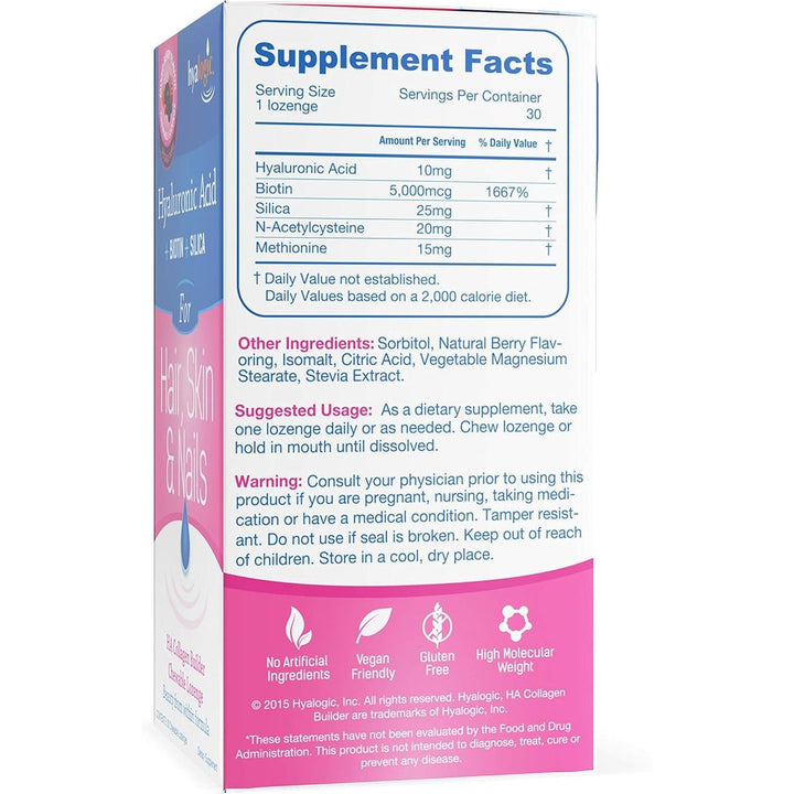 Hyalogic Hyaluronic Acid for Hair Skin and Nails Supports Skin Hydration 30 Chewable Lozenge