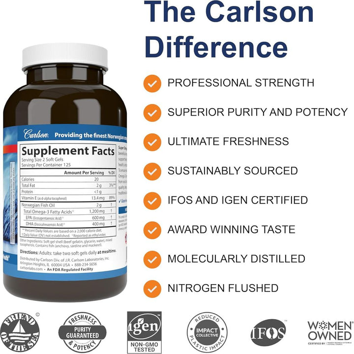 Carlson Super Omega-3 Gems, 1200 mg Omega-3s, Wild Caught, Sustainably Sourced, 250 soft gels