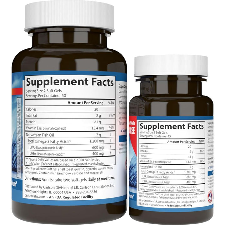Carlson Super Omega-3 Gems, 1200 mg Omega-3 100 + 30 softgels