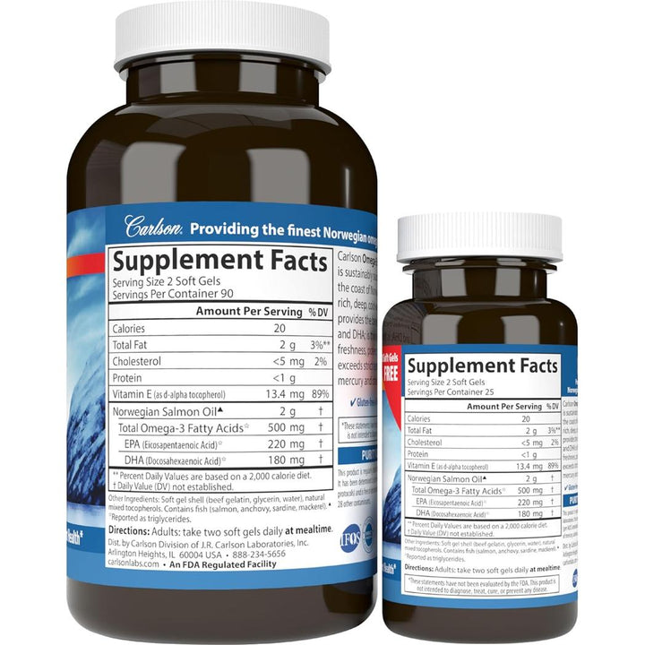 Carlson Labs Norwegian Salmon Oil 500 mg 180 plus 50 Free Soft Gels