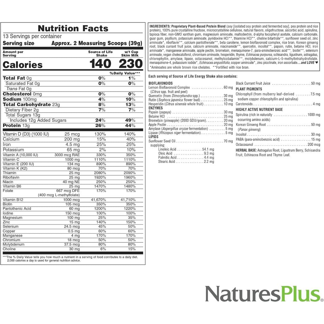 Natures Plus Source of Life Energy Shake 2.2lb Non-GMO Gluten Free Vegetarian Nature's Plus