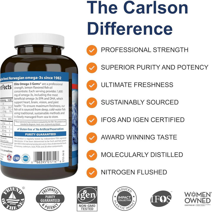 Carlson Elite Omega-3 Gems 1600 mg Fish Oil - 90 + 30 Soft Gels
