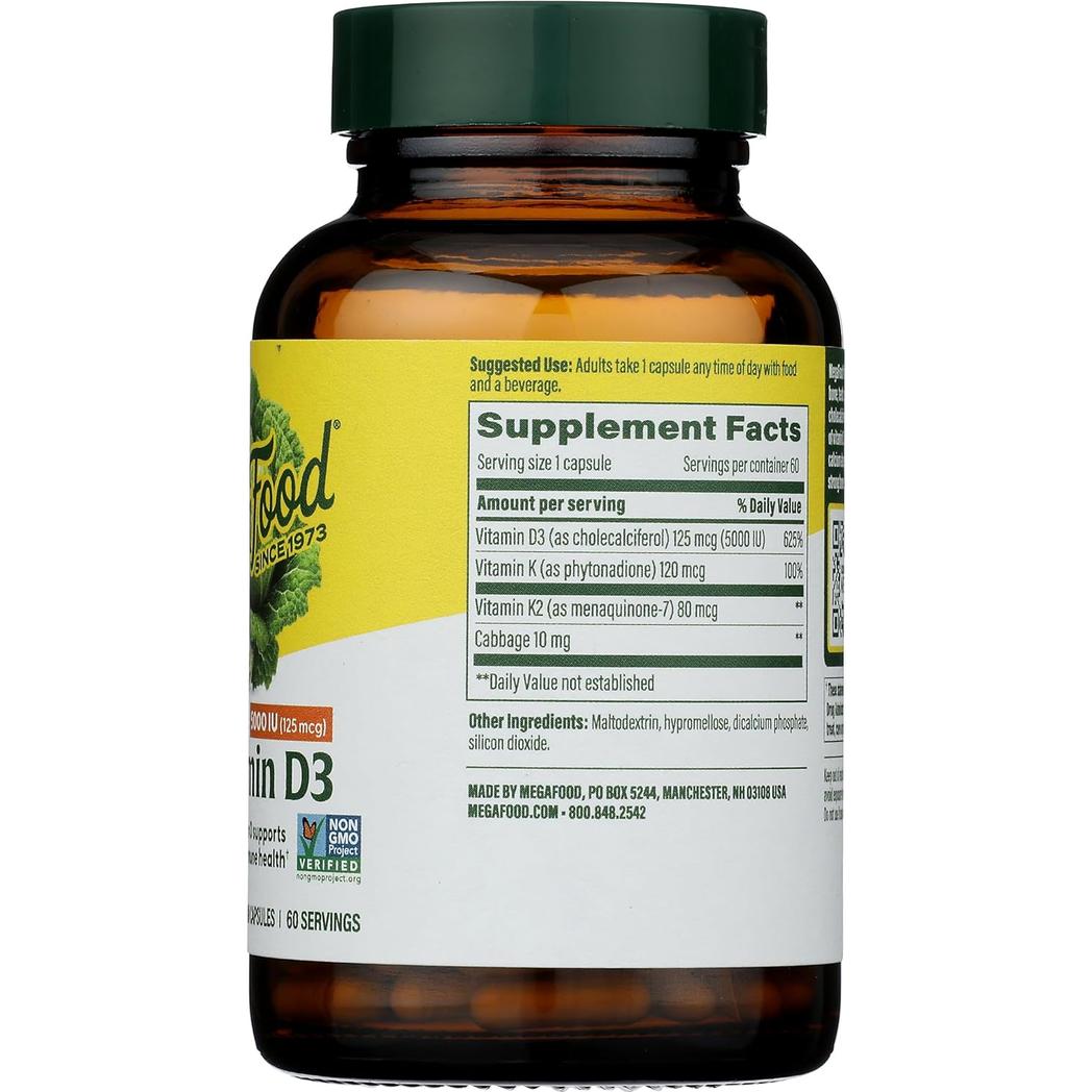MegaFood Vitamin D3 5000 IU (125 mcg) plus K & K2 60 capsules