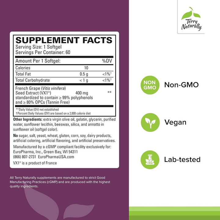 Terry Naturally Clinical OPC French Grape Seed Extract Extra Strength 60 Softgels 400mg