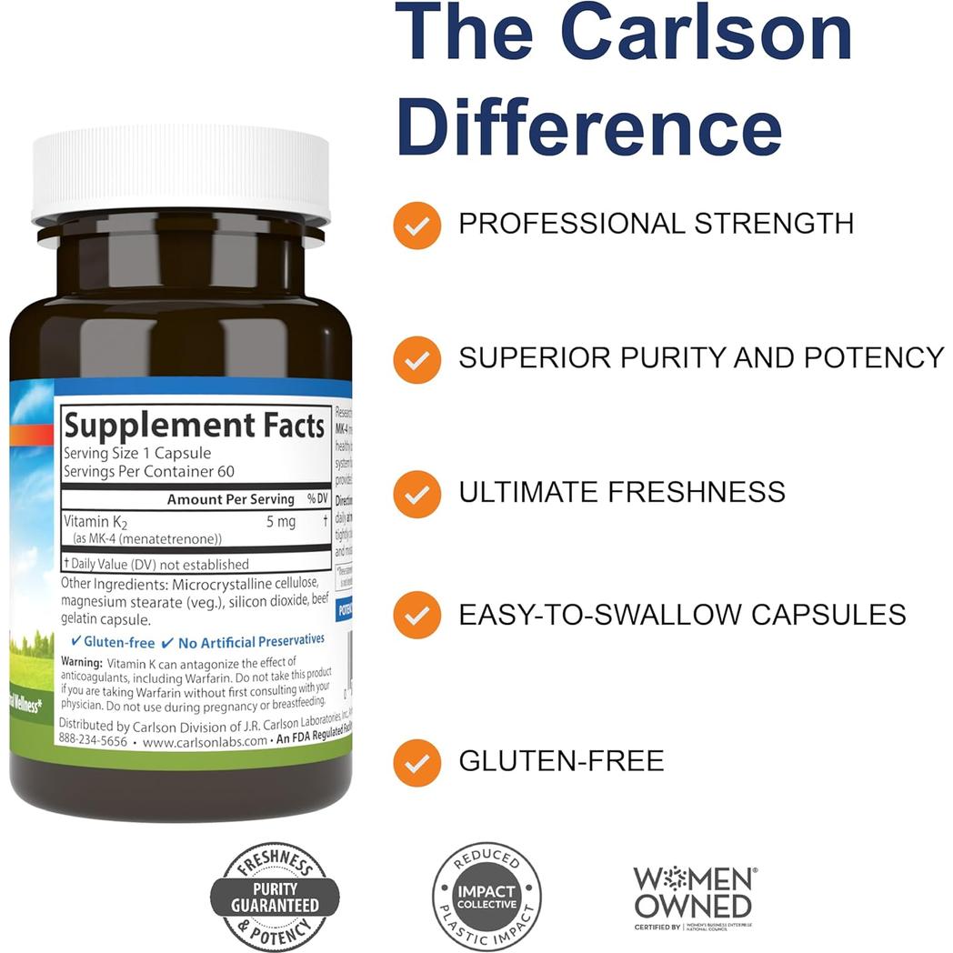 Carlson Labs Vitamin K2 5 mg 60 Capsules Gluten-Free, Preservative-Free