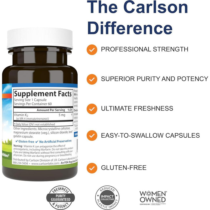 Carlson Labs Vitamin K2 5 mg 60 Capsules Gluten-Free, Preservative-Free