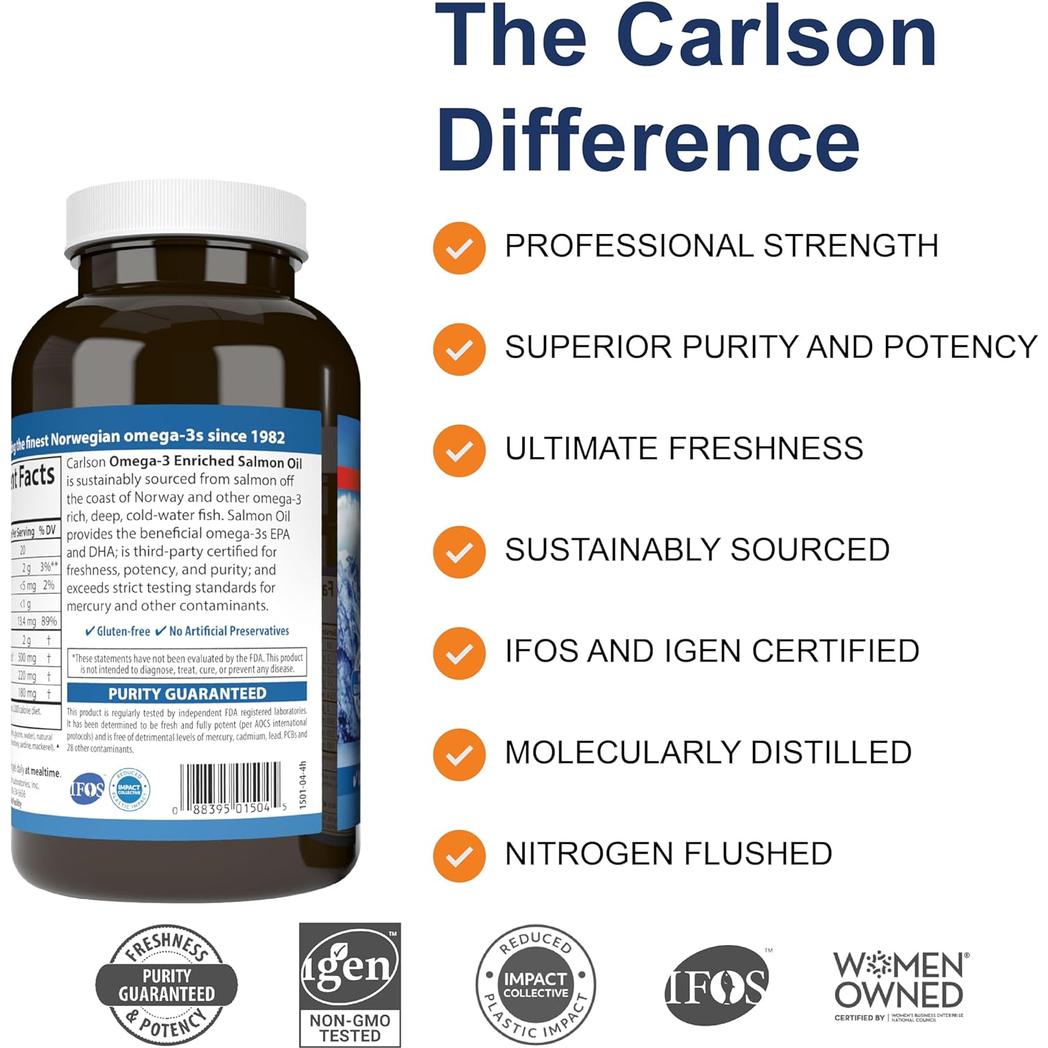 Carlson Labs Norwegian Salmon Oil 500 mg 180 plus 50 Free Soft Gels