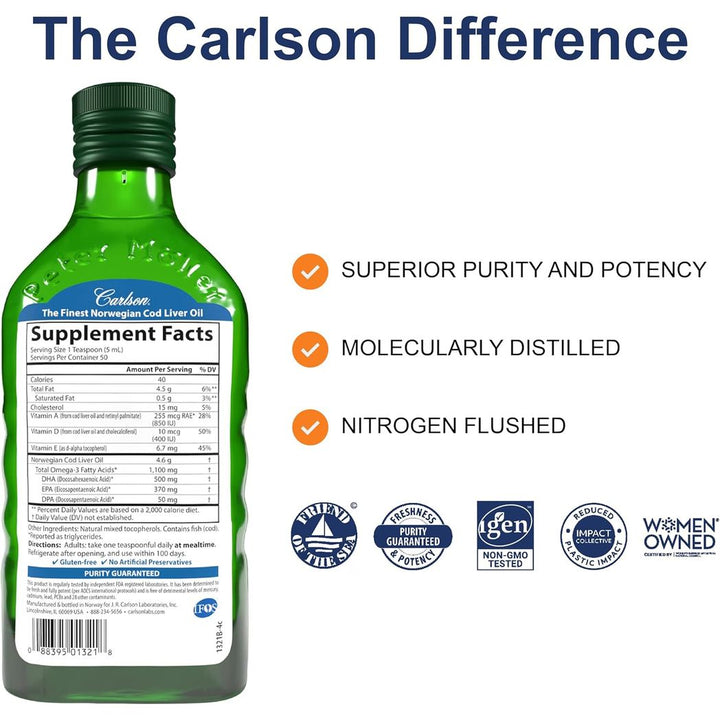 Carlson Cod Liver Oil 1100 mg Omega-3s Wild Caught EPA DHA Omega 3 Supplement Norwegian Arctic Unflavored 8.4 Fl Oz