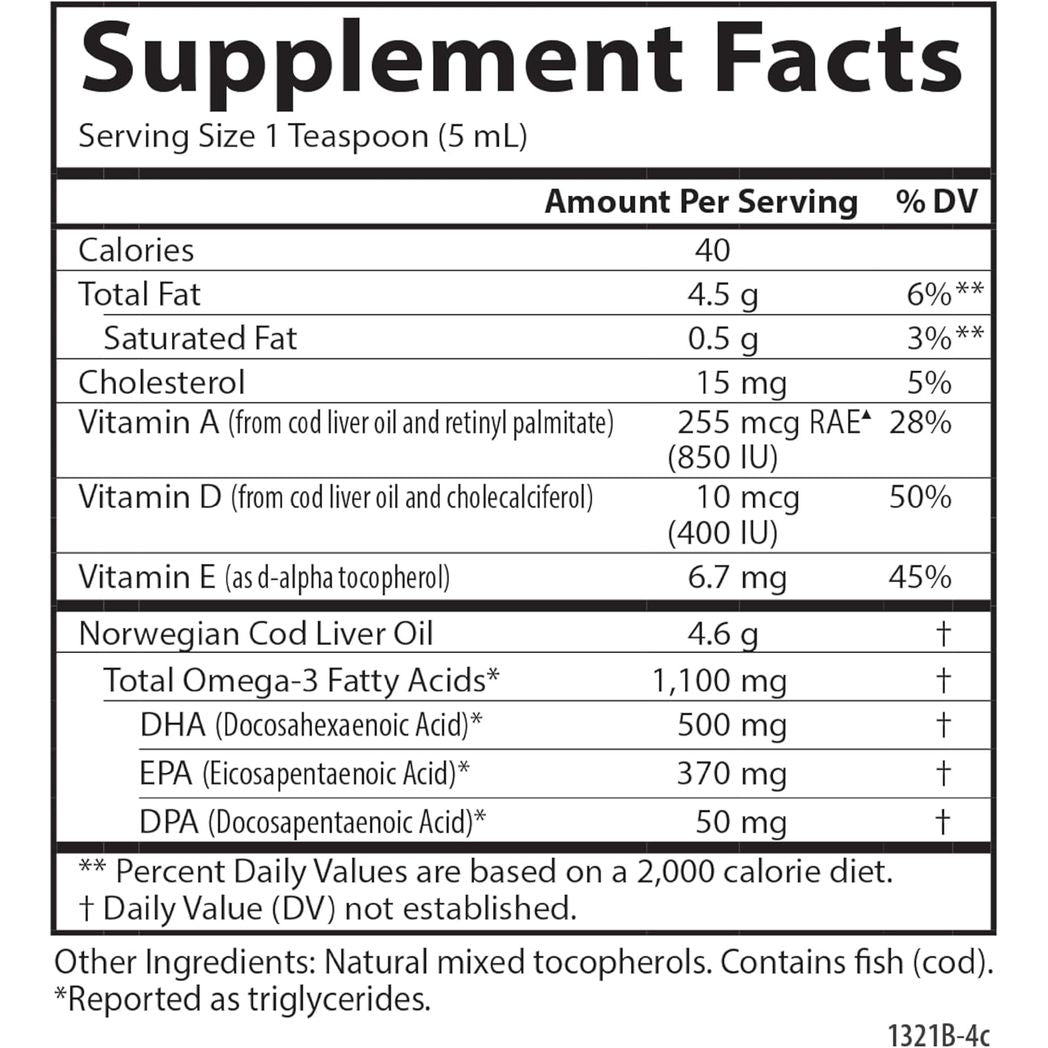Carlson Cod Liver Oil 1100 mg Omega-3s Wild Caught EPA DHA Omega 3 Supplement Norwegian Arctic Unflavored 8.4 Fl Oz