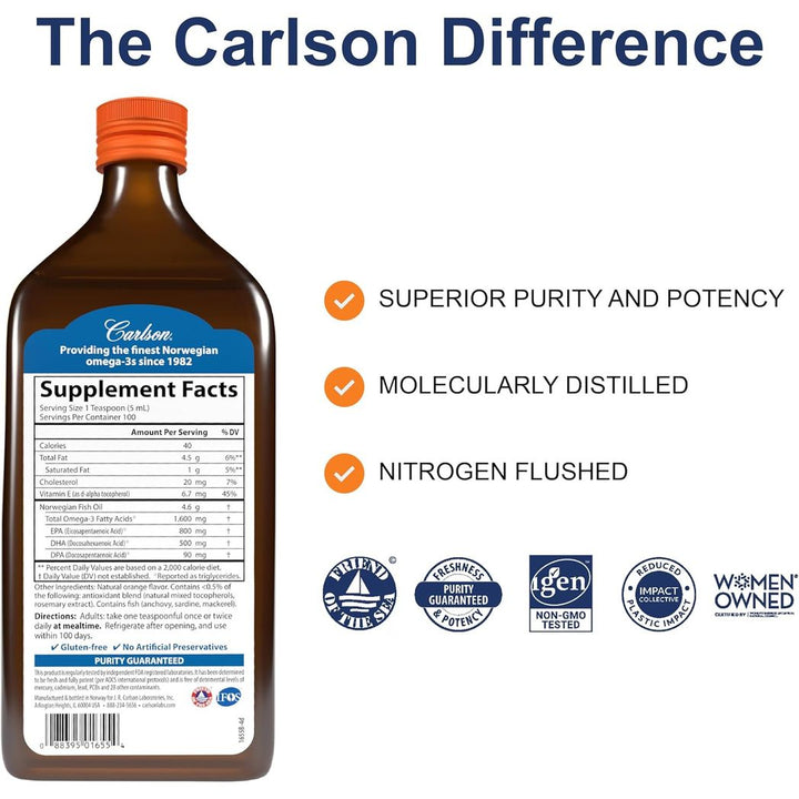 Carlson The Very Finest Fish Oil 1600mgLiquid Fish Oil Norwegian Orange, 16.9 Fl Oz