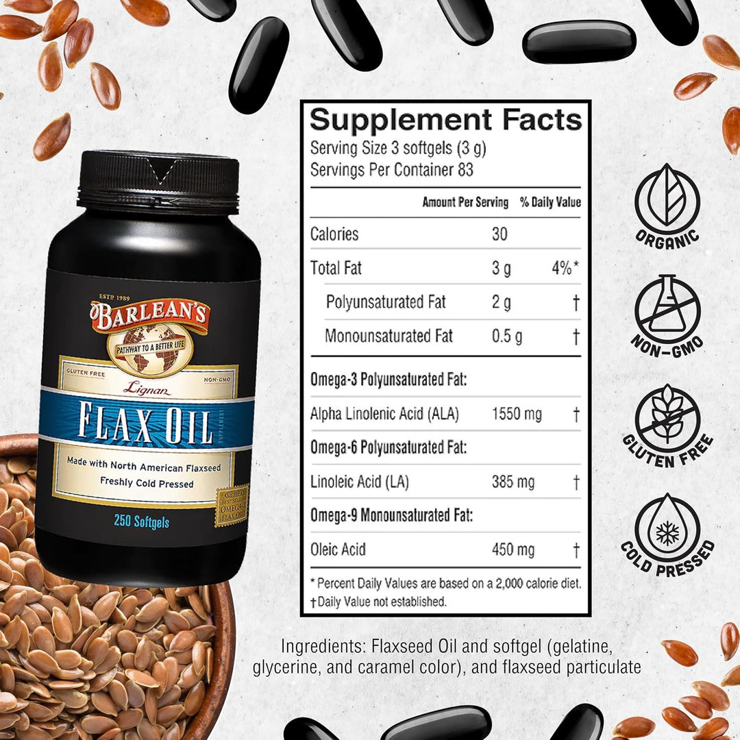 Barlean's Lignan Flaxseed Oil Softgels Cold-Pressed 1000mg, 250 ct