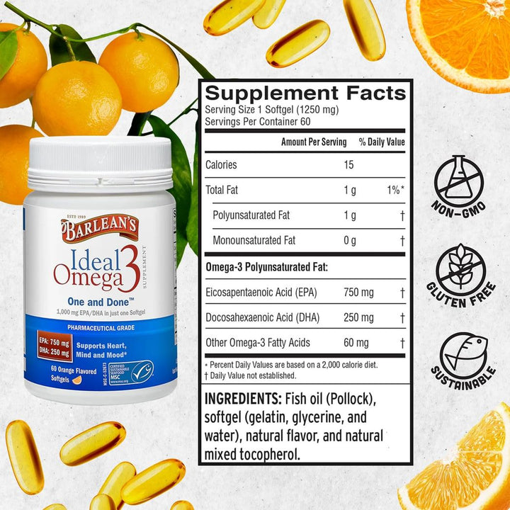 Barlean's Ideal Omega 3 Fish Oil Supplement, 1,000 mg 60 Softgels