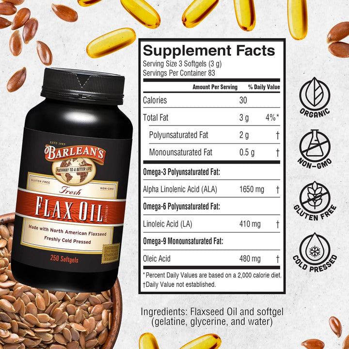 Barlean's Omega 3 6 9 Flaxseed Oil Supplements, Cold-Pressed 250 Softgels