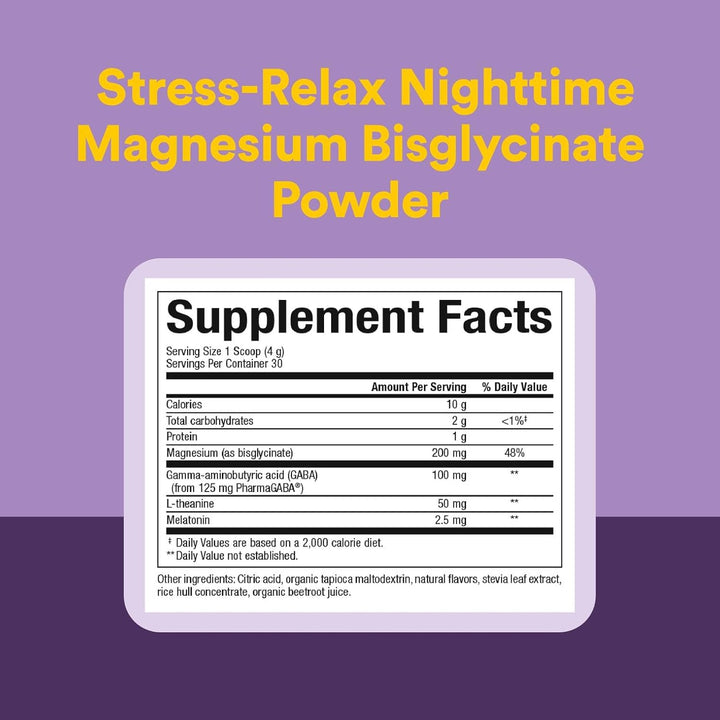 Natural Factors Stress-Relax Nighttime Magnesium Bisglycinate Powder with Melatonin, L-Theanine and Pharma GABA,Tropical Flavor, 4.23 oz