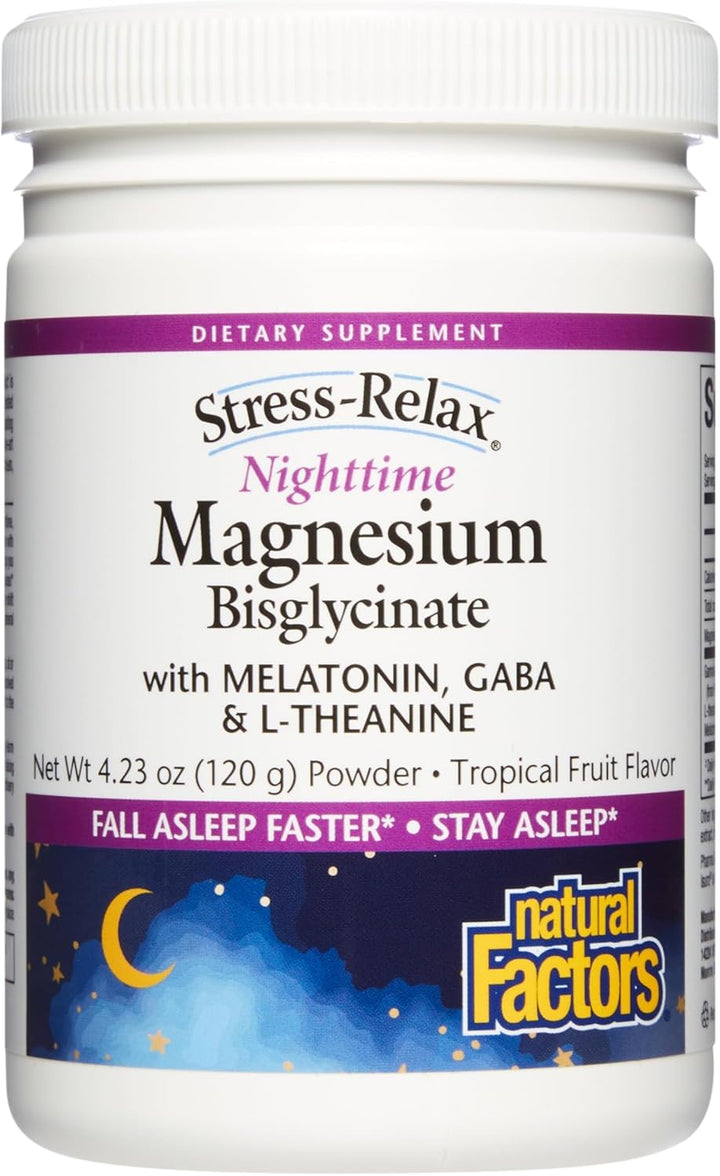 Natural Factors Stress-Relax Nighttime Magnesium Bisglycinate Powder with Melatonin, L-Theanine and Pharma GABA,Tropical Flavor, 4.23 oz