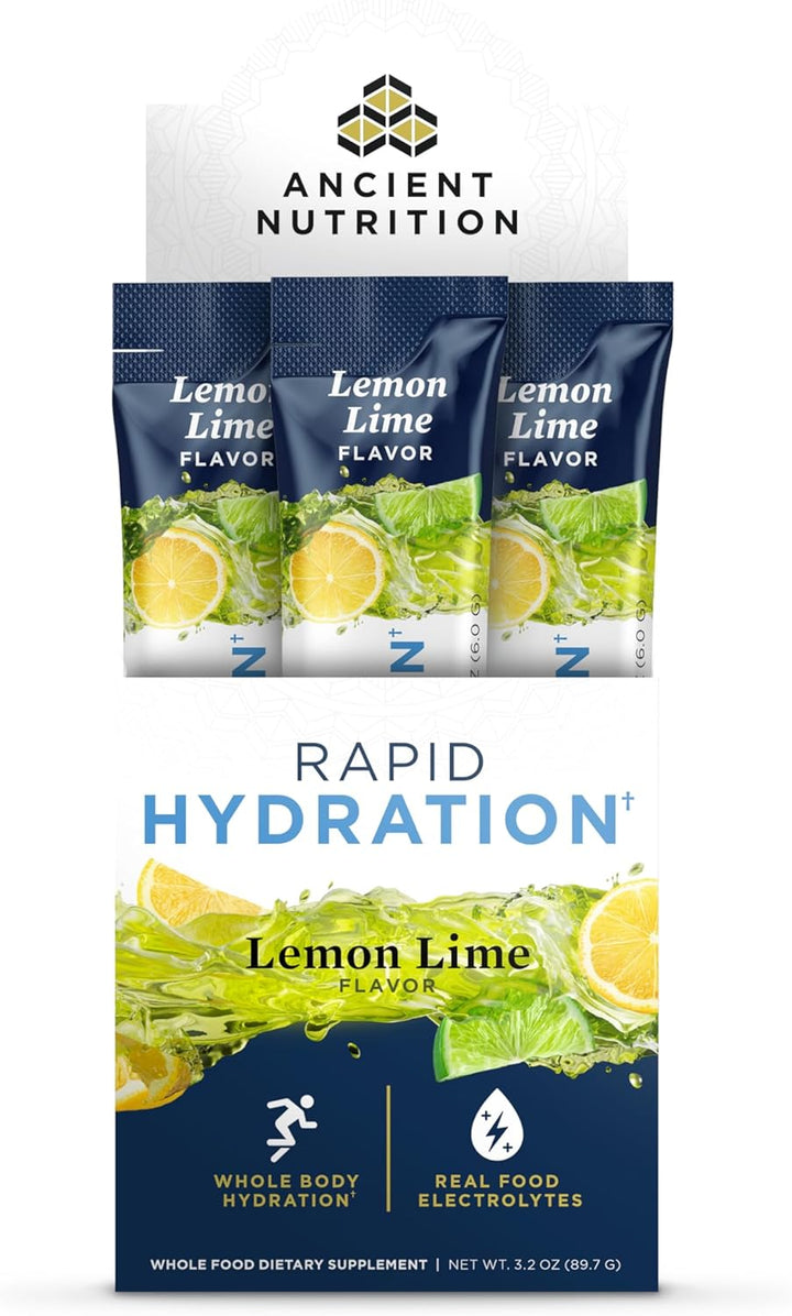 Ancient Nutrition Rapid Hydration Powder, Lemon Lime, Electrolytes 15 packets